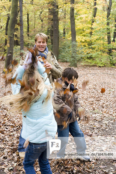 MODEL RELEASED. Playing with autumn leaves. Father and son and daughter playing with leaves in a wood in autumn. Father and children playing in a wood