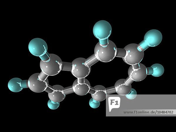Azulen  molekulares Modell. Diese Verbindung hat eine dunkelblaue Farbe. Die Atome werden als Kugeln dargestellt und sind farblich gekennzeichnet: Kohlenstoff (grau) und Wasserstoff (blau). Azulen-Molekül