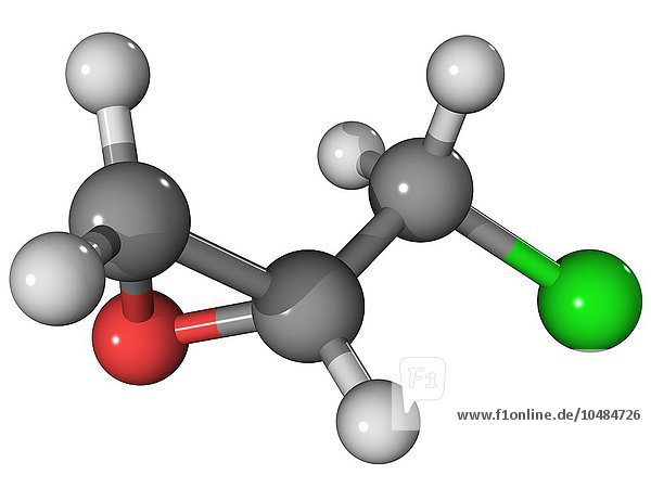 Epichlorhydrin  Molekülmodell. Diese Verbindung wird bei der Herstellung von Kunststoffen und Epoxidklebern und -harzen verwendet. Die Atome sind als Kugeln dargestellt und farblich codiert: Kohlenstoff (grau)  Wasserstoff (weiß)  Sauerstoff (rot) und Chlor (grün). Epichlorhydrin-Molekül