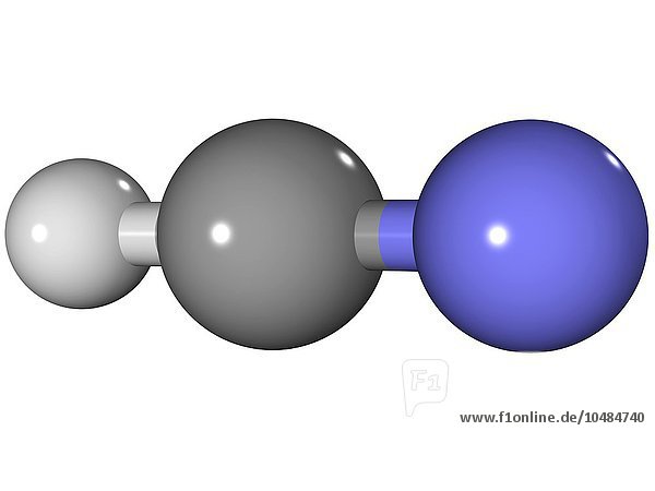Cyanwasserstoff  Molekülmodell. Diese giftige Chemikalie wird bei der Herstellung von Sprengstoffen und beim Härten von Stahl verwendet. Die Atome sind als Kugeln dargestellt und farblich kodiert: Kohlenstoff (grau)  Wasserstoff (weiß) und Stickstoff (blau). Cyanwasserstoffmolekül