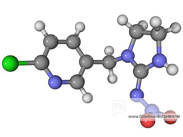 Imidacloprid Insektizid  Molekülmodell. Die Atome sind als Kugeln dargestellt und farblich codiert: Kohlenstoff (grau)  Wasserstoff (weiß)  Stickstoff (blau)  Sauerstoff (rot) und Chlor (grün). Molekül des Insektizids Imidacloprid