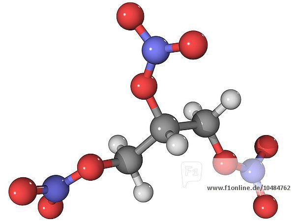 Nitroglycerin  molekulares Modell. Diese Chemikalie wird als Herzmedikament und als Sprengstoff verwendet. Die Atome sind als Kugeln dargestellt und farblich codiert: Kohlenstoff (grau)  Wasserstoff (weiß)  Sauerstoff (rot) und Stickstoff (blau). Nitroglycerin-Molekül