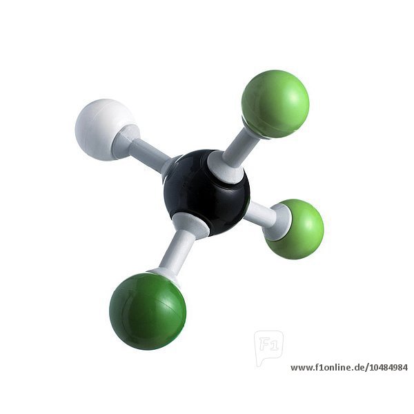 FCKW-Molekül. Modell eines Moleküls Chlordifluormethan. Die Atome sind als Kugeln dargestellt und farblich codiert: Kohlenstoff (schwarz)  Wasserstoff (weiß)  Chlor (dunkelgrün) und Fluor (hellgrün). FCKW-Molekül