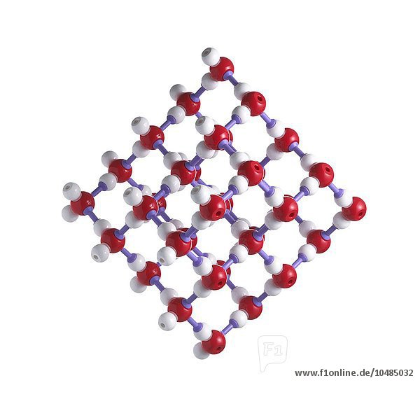 Eis-Gitter. Die Atome werden als Kugeln dargestellt und sind farblich gekennzeichnet: Sauerstoff (rot) und Wasserstoff (weiß). Eisgitter