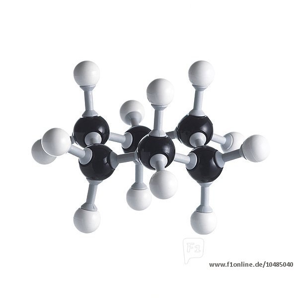 Cyclohexan-Molekül in seiner Stuhl-Konformationsform. Die Atome sind als Kugeln dargestellt und farblich codiert: Kohlenstoff (schwarz) und Wasserstoff (weiß). Cyclohexan-Molekül