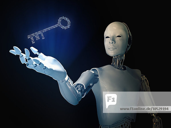 Roboter  der einen Binärcode-Schlüssel hält
