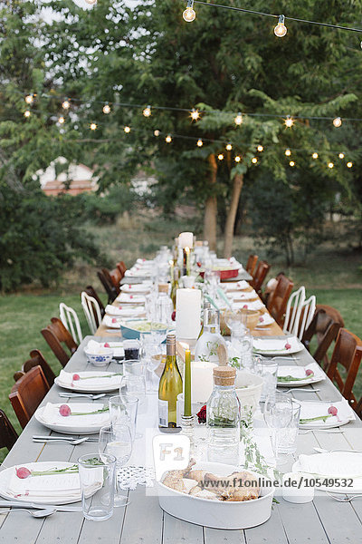 Langer  mit Tellern und Gläsern gedeckter Tisch  Essen und Trinken in einem Garten.