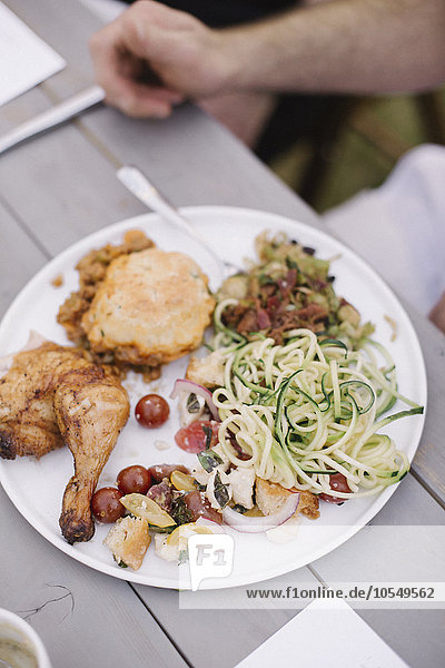 Essen auf einem Teller bei einer Gartenparty  gegrilltes Hähnchen und Salat.