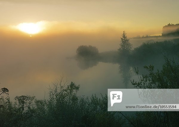Nebeliger Sonnenaufgang am Teichufer  Dorf Ovchino  Dmitrov Bezirk  Oblast Moskau  Russland  Europa