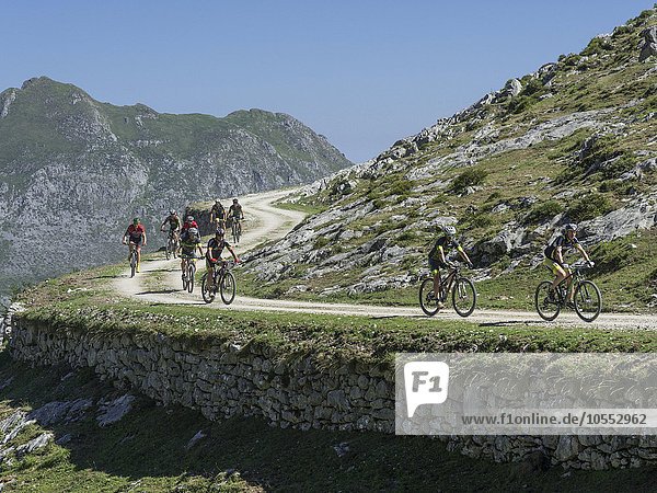 Mountain bikers in the Picos de Europa Mountains  near Sotres  Cantabria  Spain  Europe