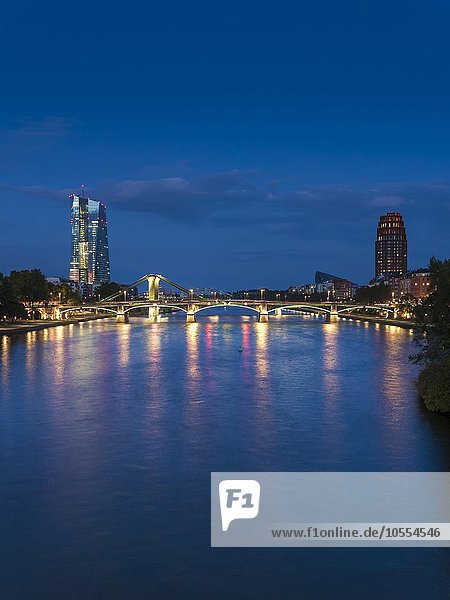 View of the river Main and the new ECB  European Central Bank  at night  Frankfurt  Hesse  Germany  Europe