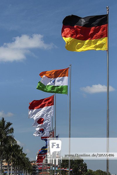 German  Indian  Indonesian  Japanese and Korean flag on Sisowath Quay  Phnom Penh  Cambodia  Asia