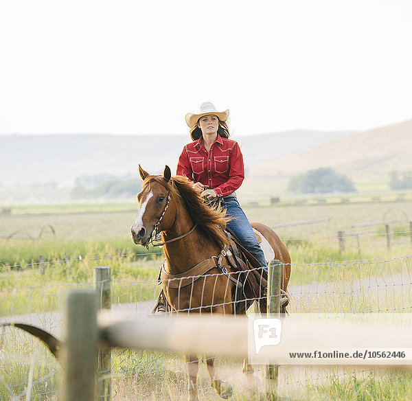 Kaukasisches Cowgirl reitet auf einer Ranch