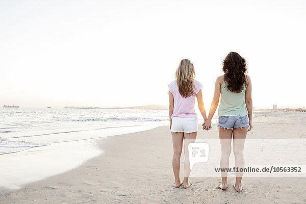 Women holding hands on beach