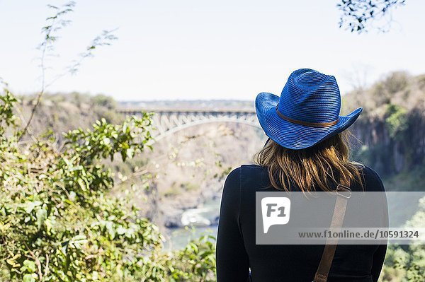 Rear view of young woman looking out at bridge  Victoria Falls  Zambia