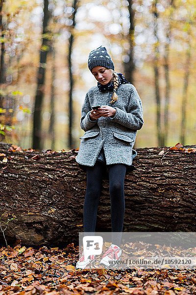 Girl using smartphone on tree trunk in autumn forest