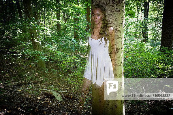 Halbtransparentes Porträt einer jungen Frau  die sich an einen Waldbaum lehnt.