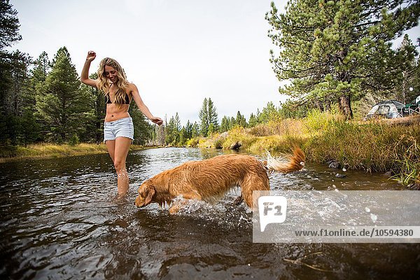 Junge Frau und Hund paddeln im Fluss  Lake Tahoe  Nevada  USA