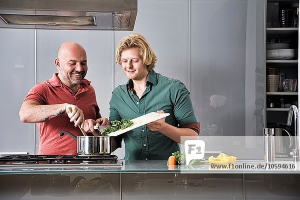 Männliches Paar beim gemeinsamen Kochen in der Küche