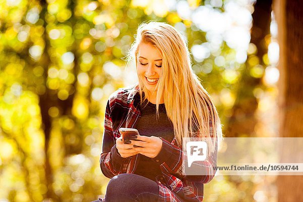 Junge Frau liest Smartphone-Text im Herbstwald