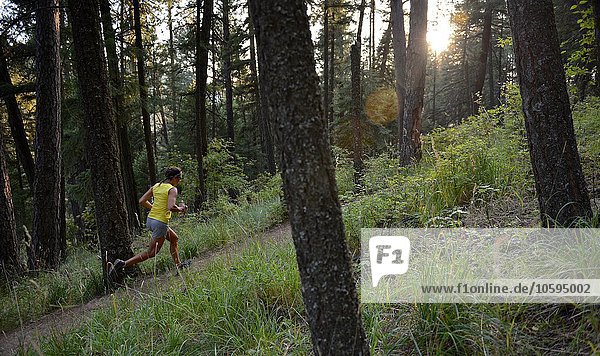 Female runner running up forest path