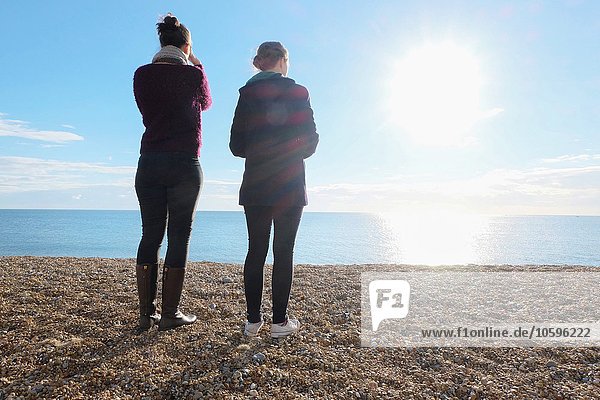 Rear view of two young adult sisters looking out at sunlit sea