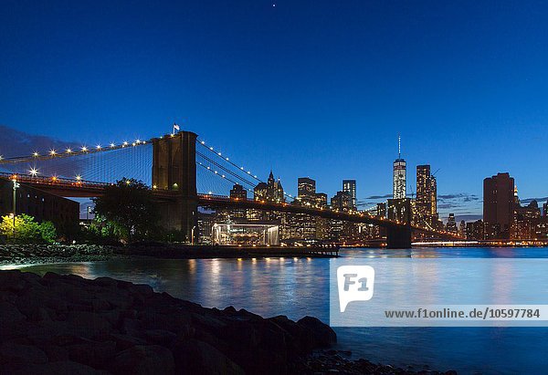 Manhattan Financial District und Brooklyn Bridge bei Nacht  New York  USA