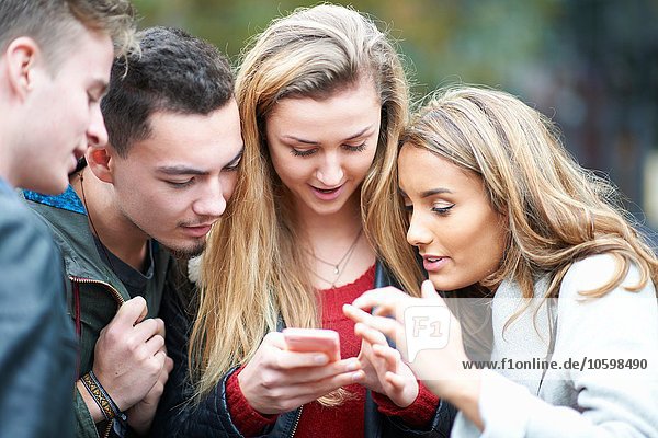 Gruppe junger Erwachsener mit Blick auf das Smartphone  im Freien