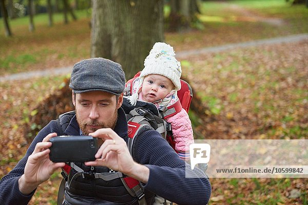 Mittlerer erwachsener Mann im Park mit flacher Mütze  die die Tochter auf dem Rücken im Tragesitz trägt und sich mit dem Smartphone selbst trägt.