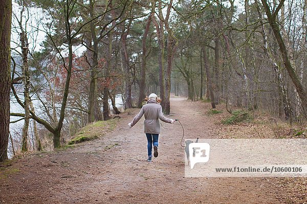 Rückansicht der Frau  die mit ihrem Hund im Wald läuft.