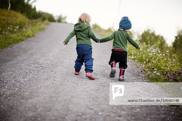Children walking hand in hand on road