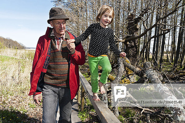 Grandfather helping granddaughter walk on top of fence