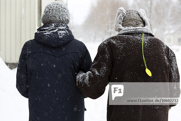Älteres Paar beim Spaziergang im Schneefall  Rückansicht