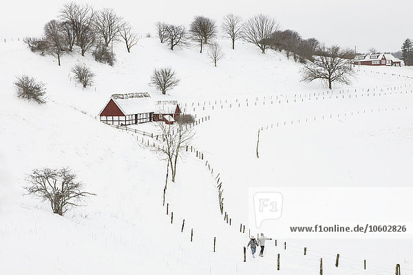 Couple walking in winter landscape