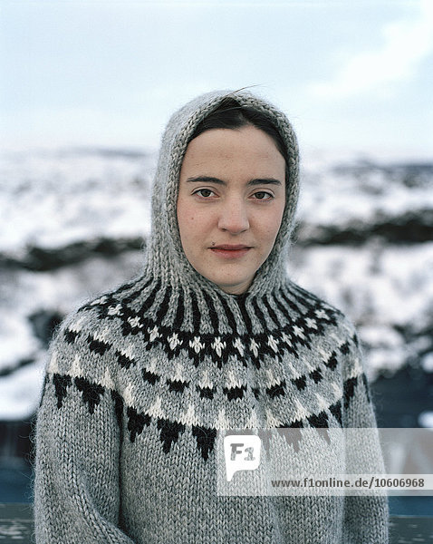 Portrait of a woman  Hraunfoss  Iceland.