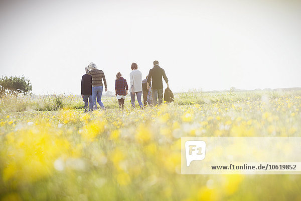 Mehrgenerationen-Familienwanderung auf einer sonnigen Wiese mit Wildblumen