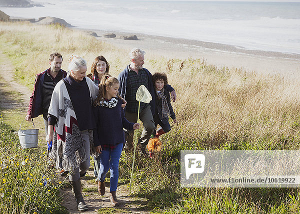 Multi-generation family walking with nets and bucket on sunny grass beach path