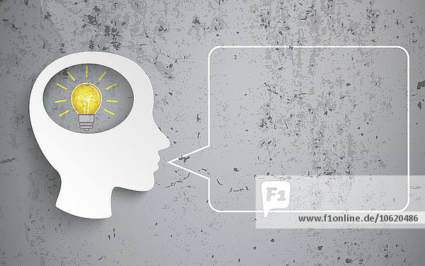 Menschenkopf mit Glühbirne und Sprechblase auf Betonuntergrund  Vektorgrafik