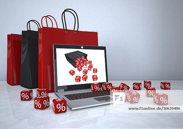 3D-Illustration  Online-Shopping  Notizbuch mit Einkaufstaschen und roten Würfeln