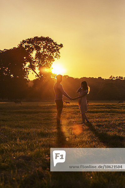 Couple with deers on a meadow at sunset