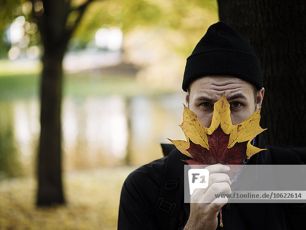 Porträt eines Mannes mit Wollmütze  der sich hinter Herbstblättern versteckt.
