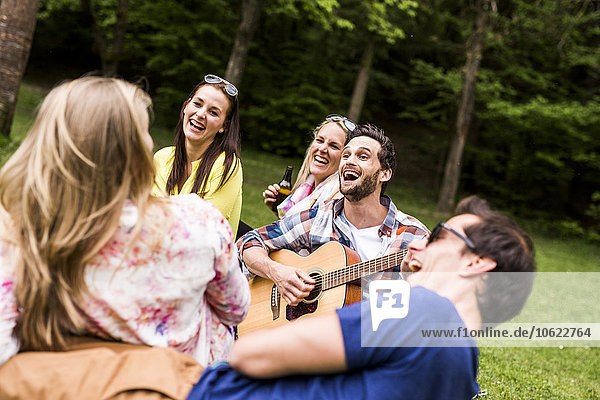 Fröhliche Freunde mit Gitarre und Bierflaschen entspannen im Park