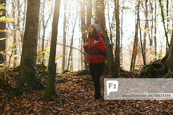 Spain  Catalunya  Girona  female hiker standing in the woods