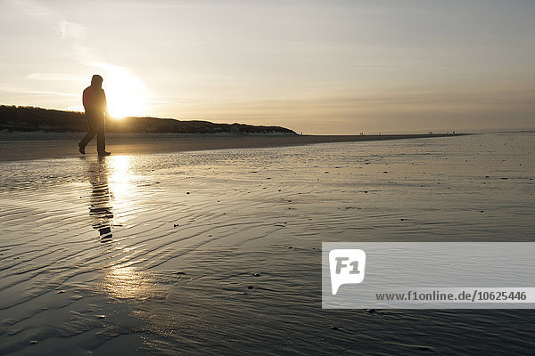 Germany  Langeoog Island  man walking on the beach at sunset