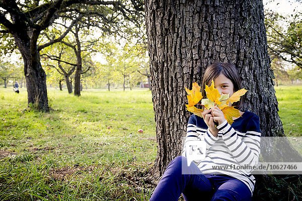Girl with autumn leaves sitting on a meadow leaning against tree trunk