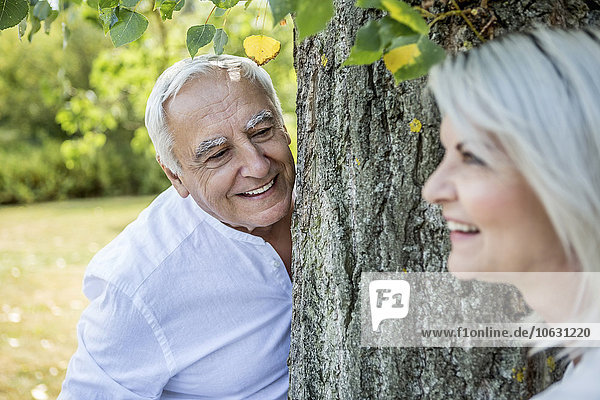 Smiling elderly couple at a tree