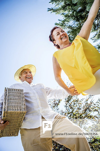 Happy elderly couple outdoors with picnic basket