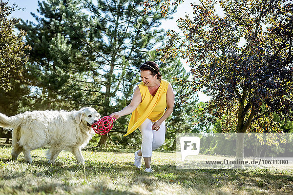 Mature woman playing with dog on a meadow