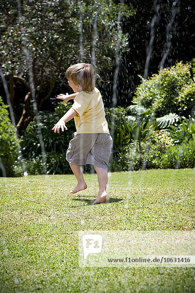 Kleiner Junge spielt mit Rasensprenger im Garten