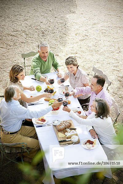 Sechs Freunde sitzen am gedeckten Tisch im Garten und rösten mit Rotwein.